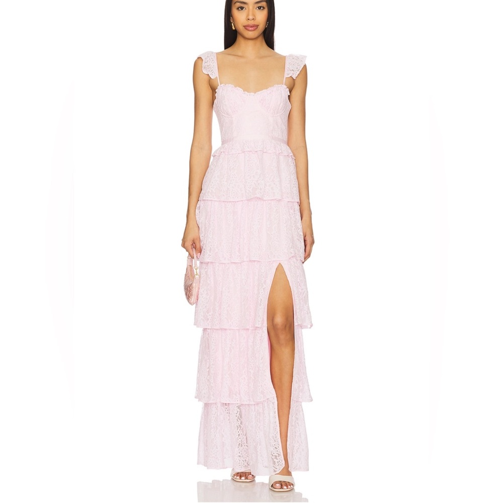 Elegant Pink Lace Tiered Dress revolve